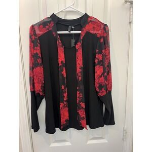 Zero 2 Eigh Blouse Women's Medium Red Floral Colorful Sheer Sleeve Shirt Top NWT